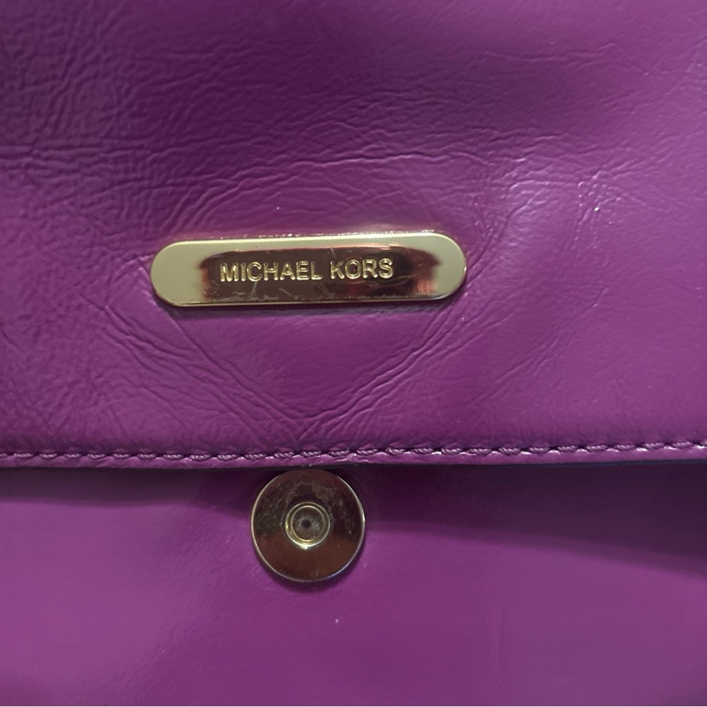 Michael Kors Purple Leather Fold-Over Wristlet Clutch with Metal Corner Accents - Picture 11 of 15